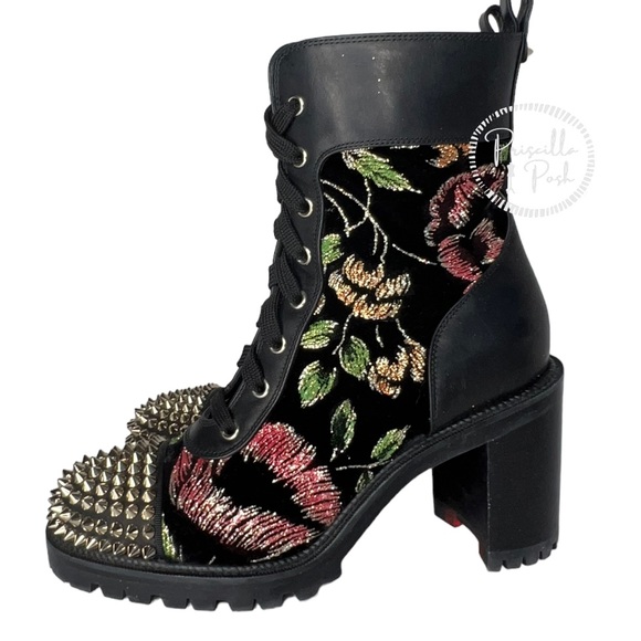 Christian Louboutin Croc Floral Studded Hiking Ankle Boots Black Spike Studded - Picture 9 of 15